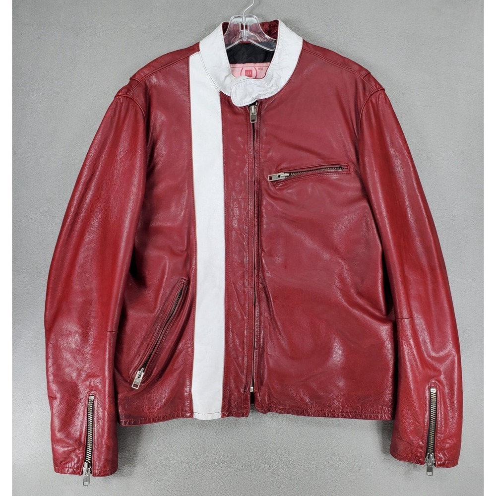 GAP Product RED Leather Mens L Cafe Racer Vintage Motorcycle Biker Jacket Moto